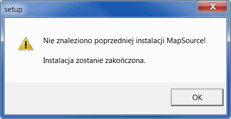 Okno komunikatu programu aktualizacyjnego MapSource