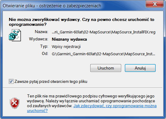 Ostrzeżenie przed zabezpieczeniem podczas uruchomiania pliku MapSource_InstallFIX.reg