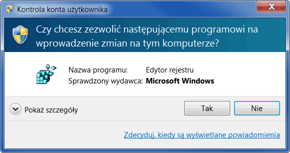 Okno ostrzegawcze - Modyfikacją rejestru