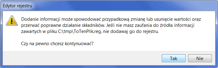 Edytor rejestru - potwierdzenie dokonania zmian w Rejestrze