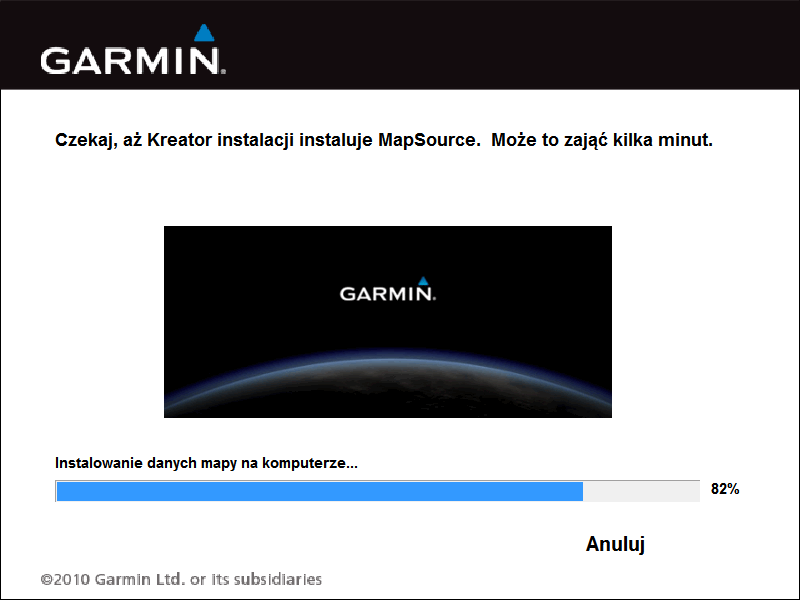 Garmin - pasek postępu Kreatora instalacji