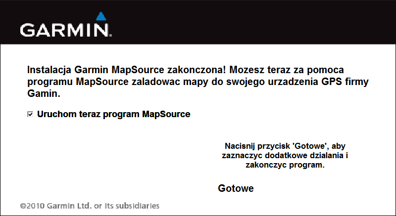 Okno informacyjne o Zakończeniu instalacji MapSource